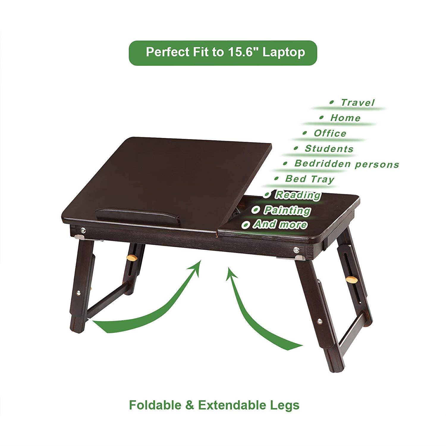 SONGMICS Multi Function Lapdesk,Adjustable Bed Tray,Foldable Breakfast Table Tilting Top with Storage Drawer for Surfing Reading Writing Eating Pre-assembled Bamboo Brown