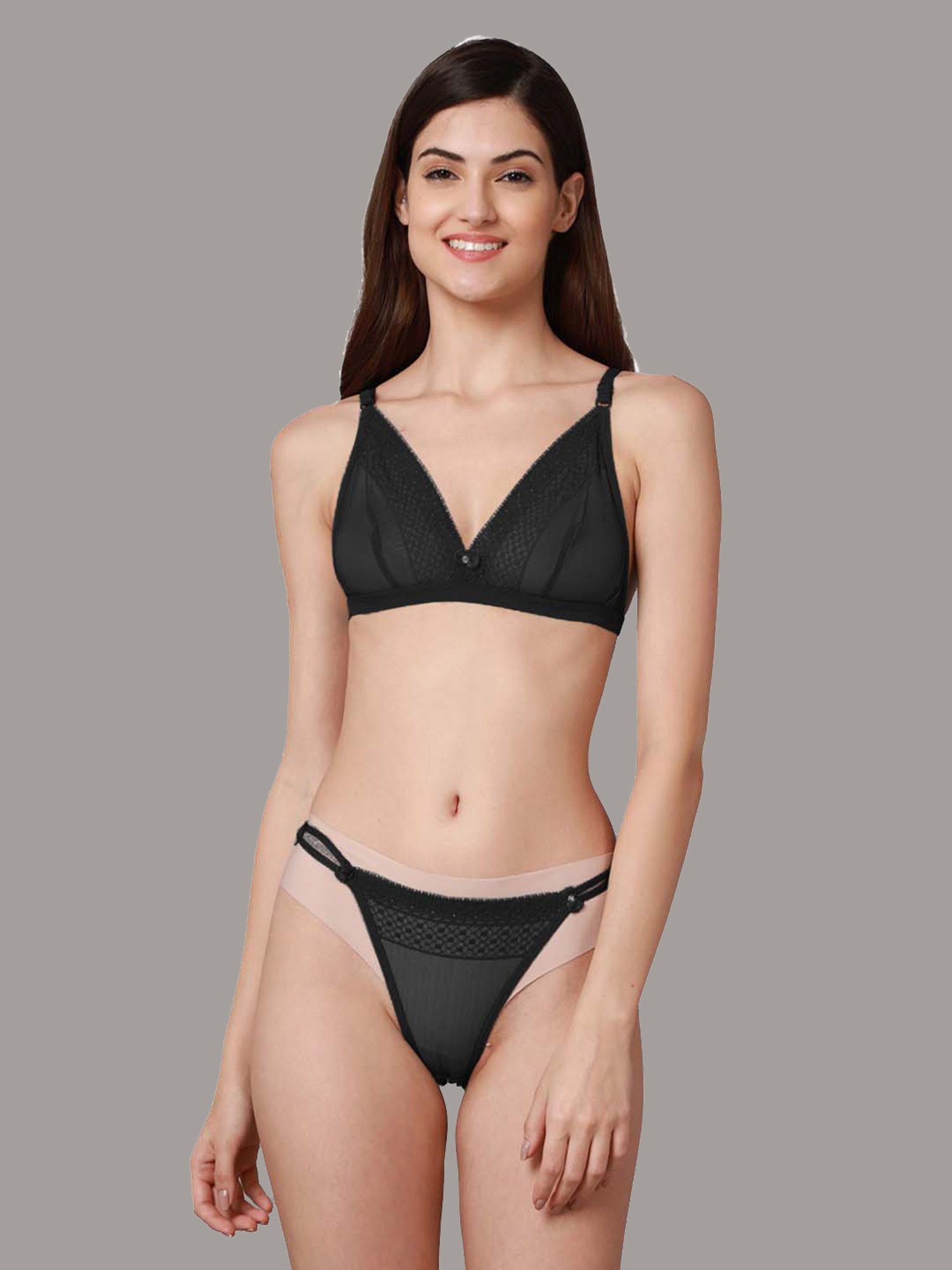 AROUSY Black & Blue Self Pattern Bra Panty Set - Pack Of 3