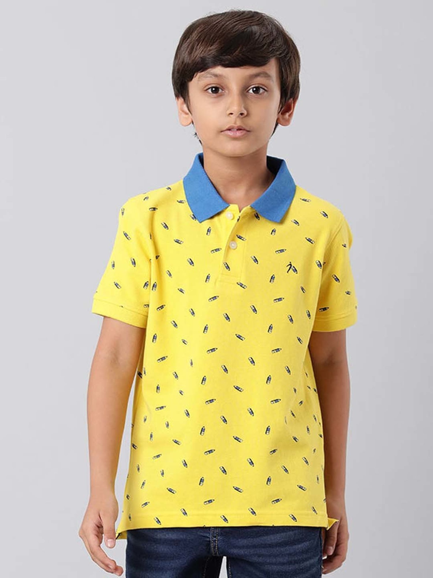 Indian Terrain Boys Yellow & Blue Cotton Printed Polo T-Shirt