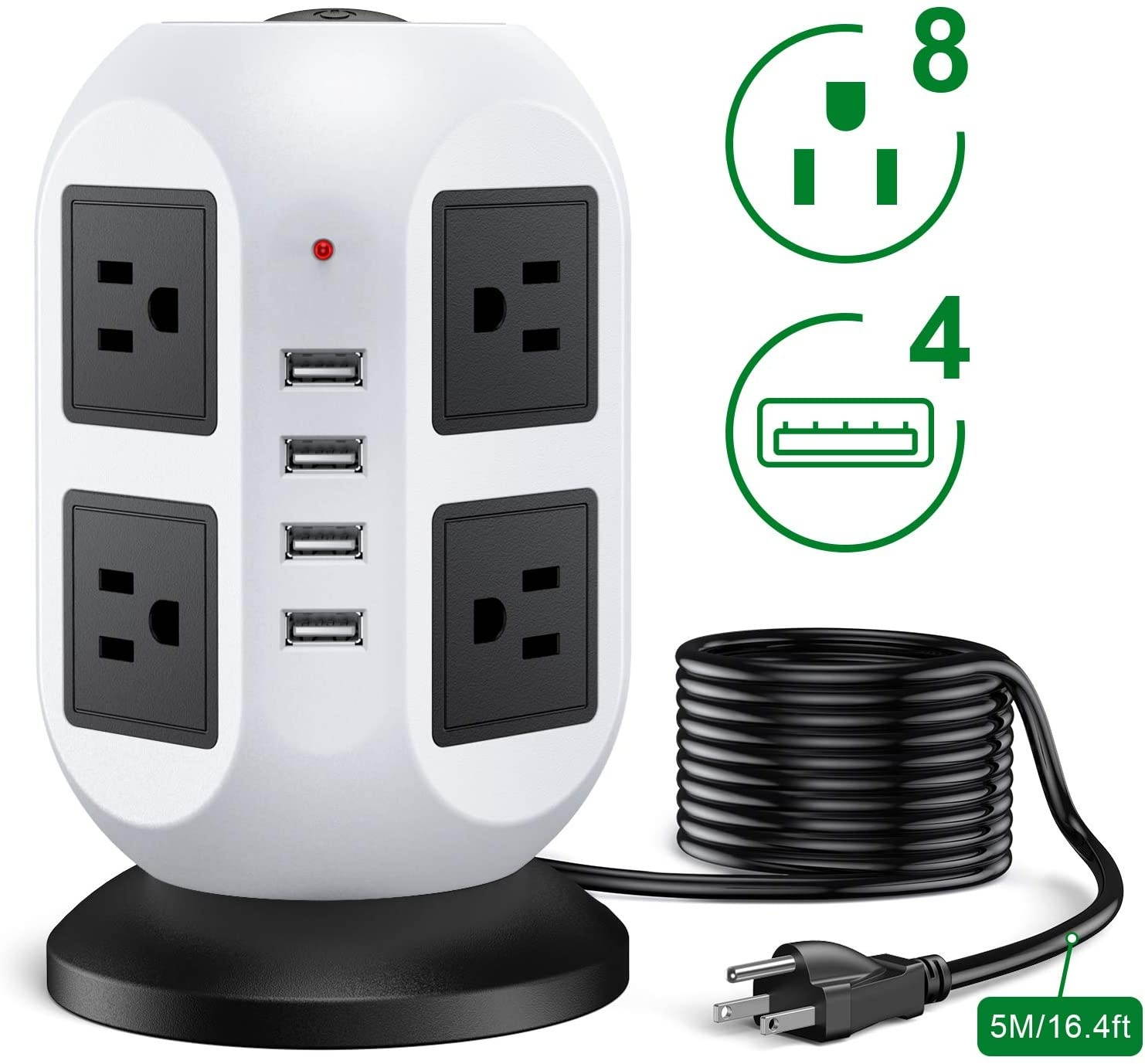 Power Strip Tower Surge Protector - 5M/16.4FT Surge Protector Power Strip with USB, Power Strip with Surge Protection with 8 AC Outlets & 4 USB Ports, Overload Protection, Short Circuit Protection.