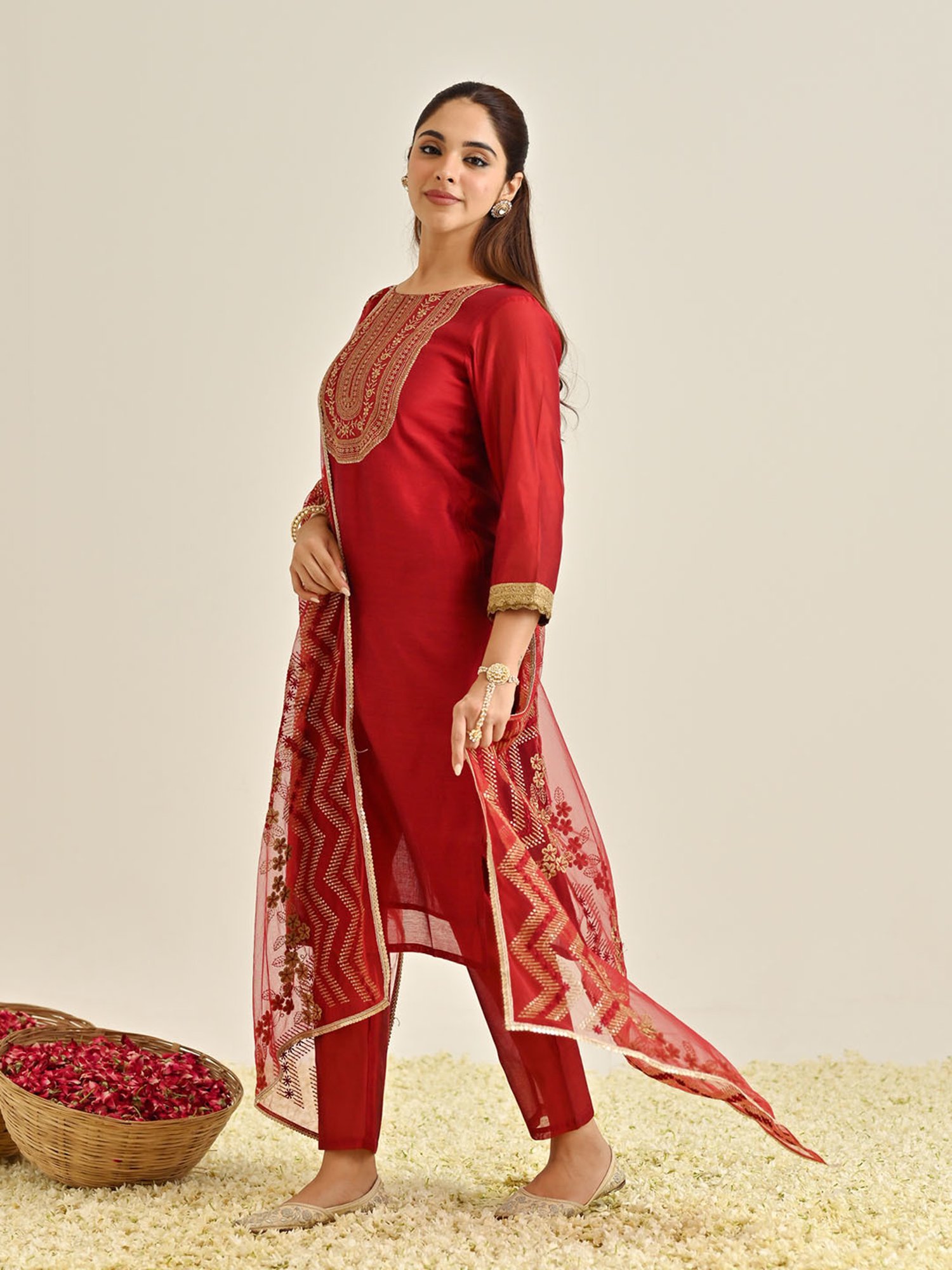 Rustorange Red Embroidered Kurta With Pant & Dupatta