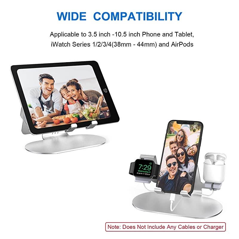 3 in 1 Charging Stand for Apple Watch, iPhone & Airpods Pro,  Charging Dock Compatible with iPad, iPhone, Apple Watch Series SE/ 6/5/4/3/2/1, Airpods Pro/2/1(Charger & Cables NOT include) Silver