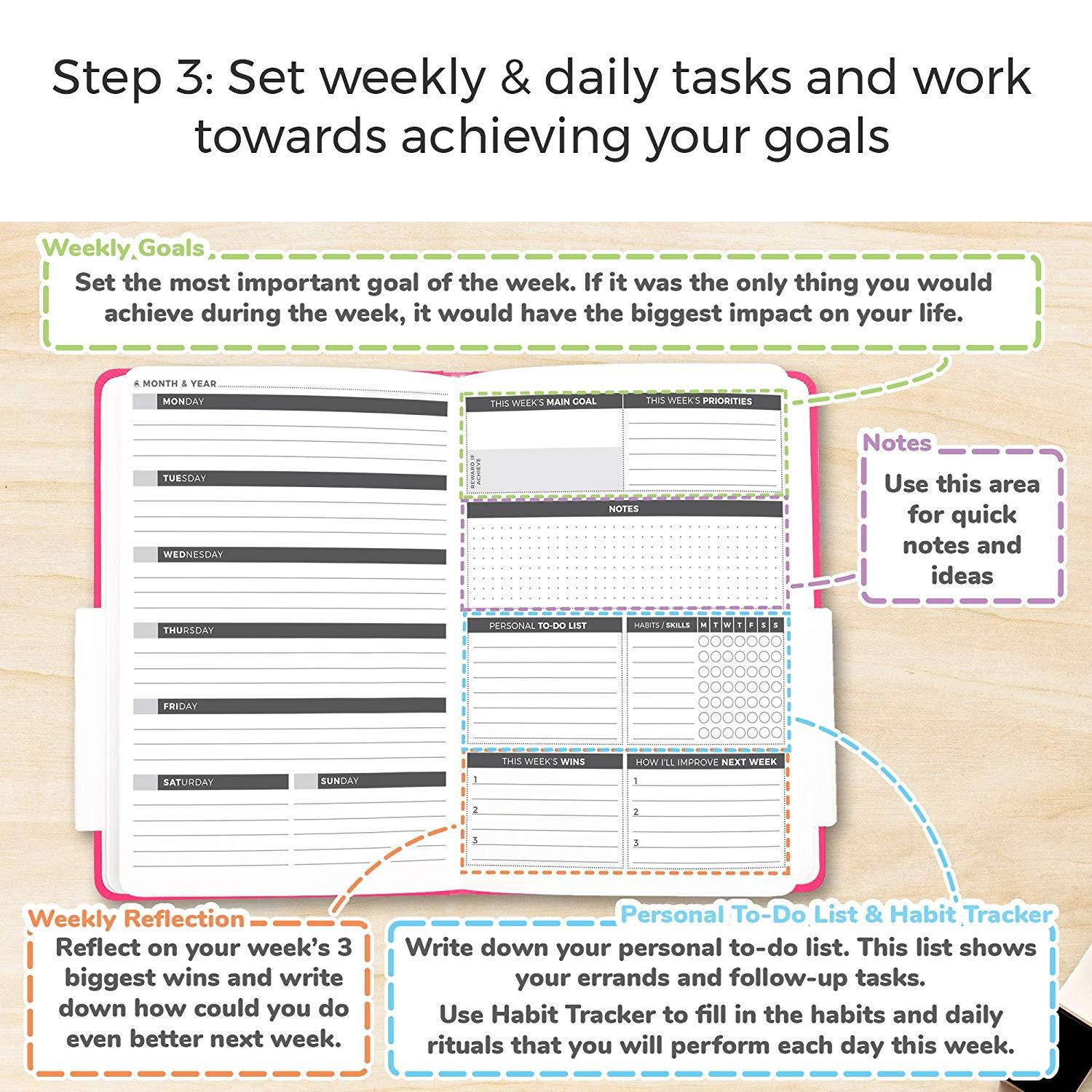 The Clever Fox Planner - Undated Weekly Planner, Organizer, Calendar and Gratitude Journal to Boost Productivity, Happiness and Hit Your Goals in 2019 - Lasts 1 Year - A5 Size - Stickers - Hot Pink