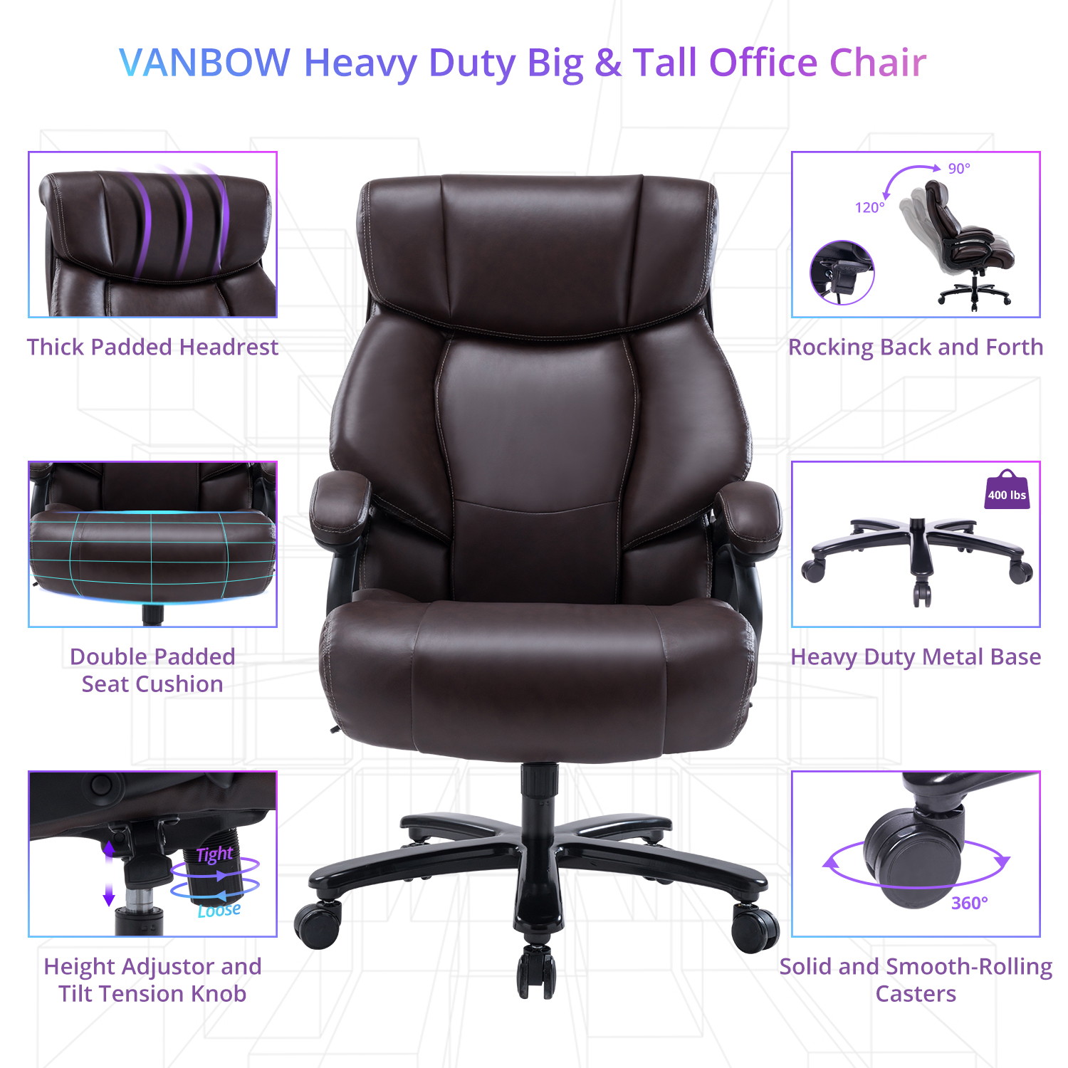 VANBOW  Big and Tall 400lb Executive Office Chair High Back Leather Heavy Duty Desk Computer Task Swivel Chairs with Adjustable Tilt Angle, Thick Padding and Ergonomic Design Lumbar Support, Brown