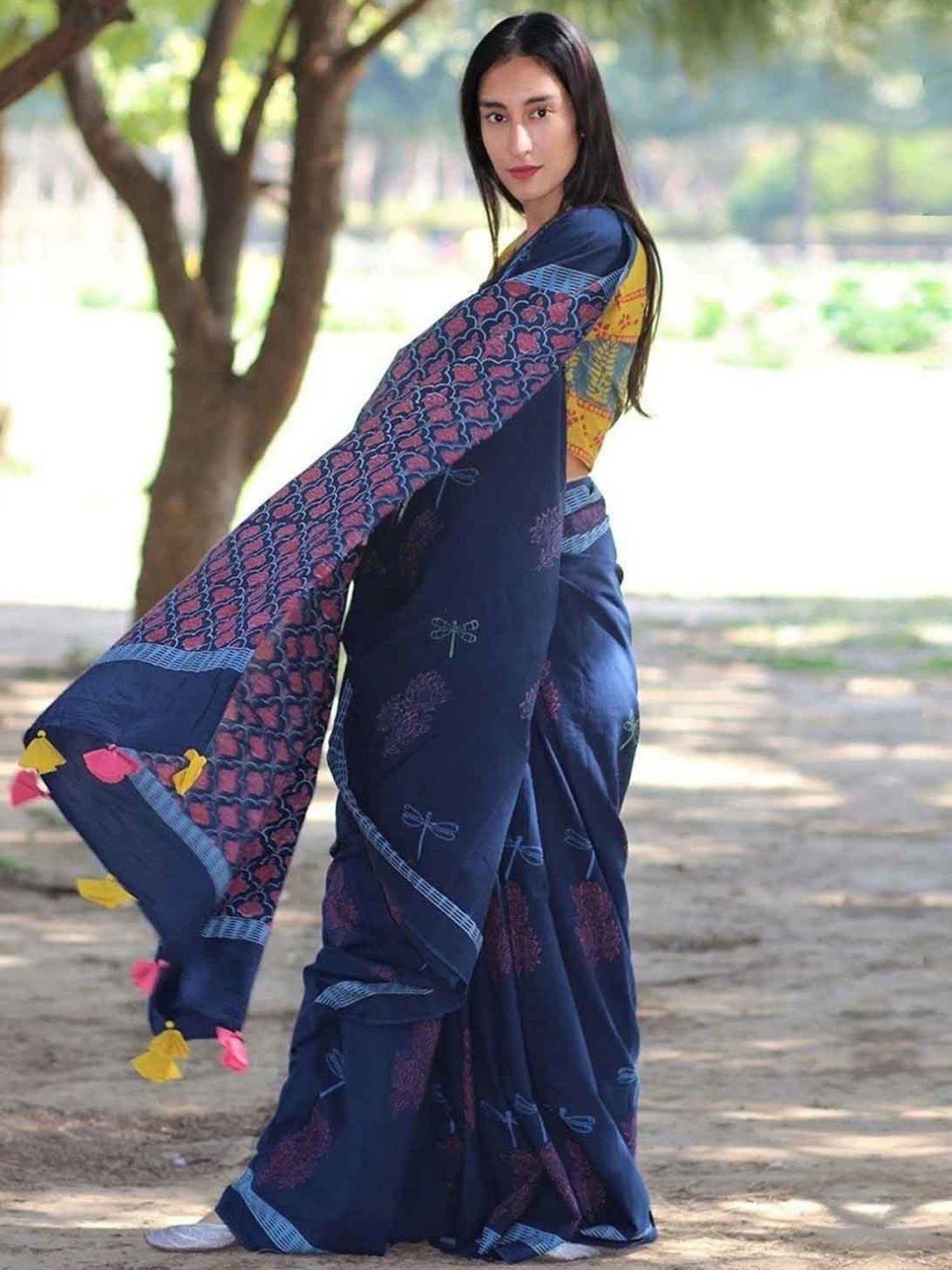 Chidiyaa Blue Block Printed Cotton Mul Saree