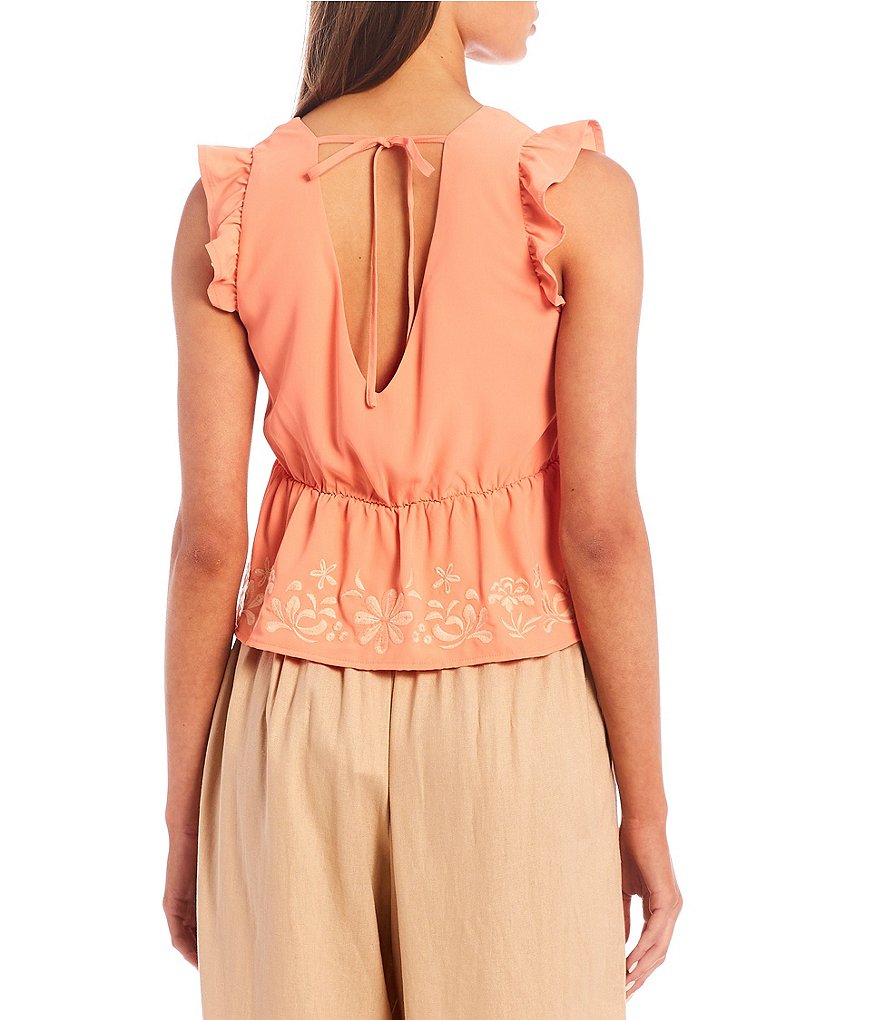 June & Hudson Flutter Sleeve Embroidered Peplum Top