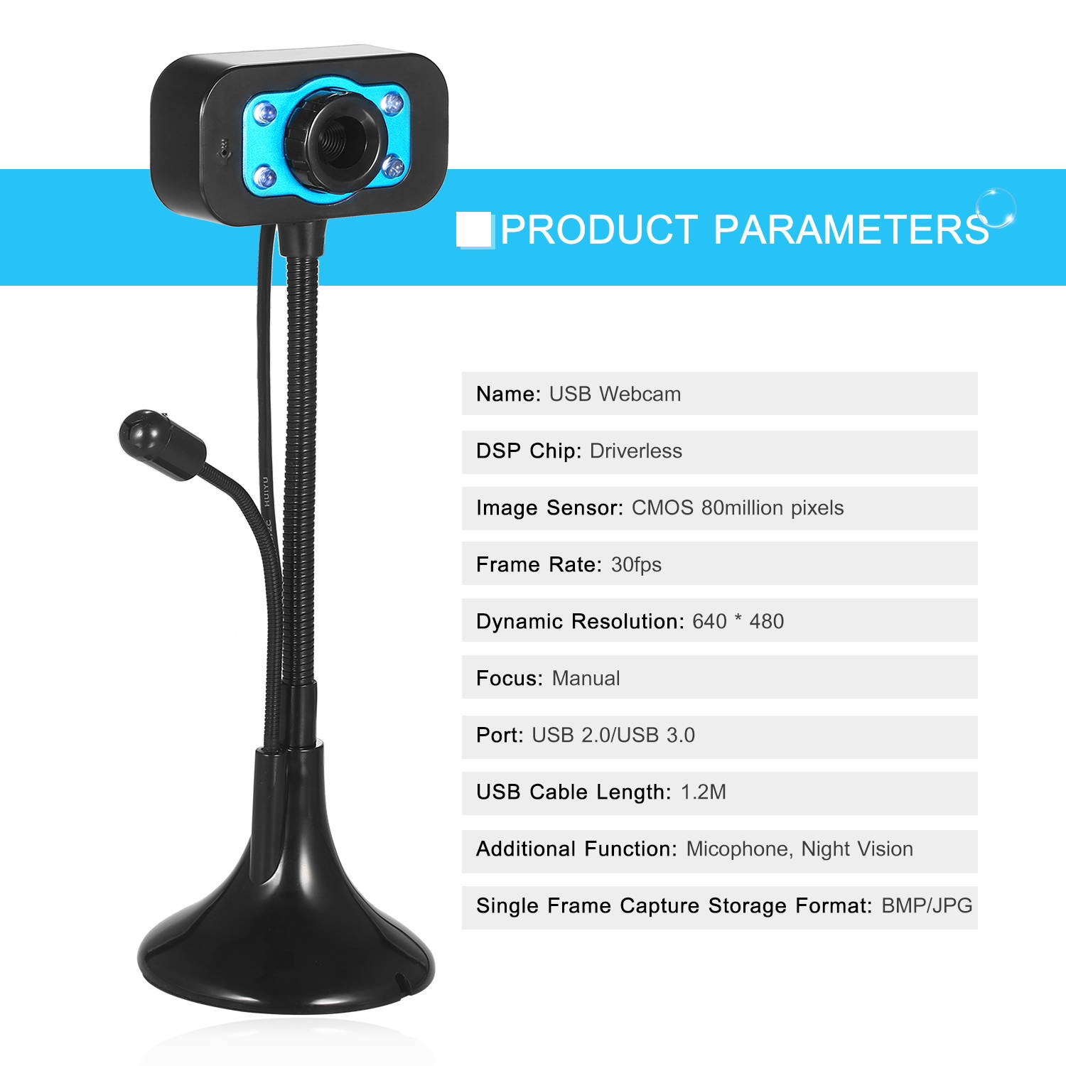 HD Webcam USB Desktop Laptop Camera Mini Plug and Play Video Calling Computer Camera with Mic Night Version LED Light Flexible Rotatable stander