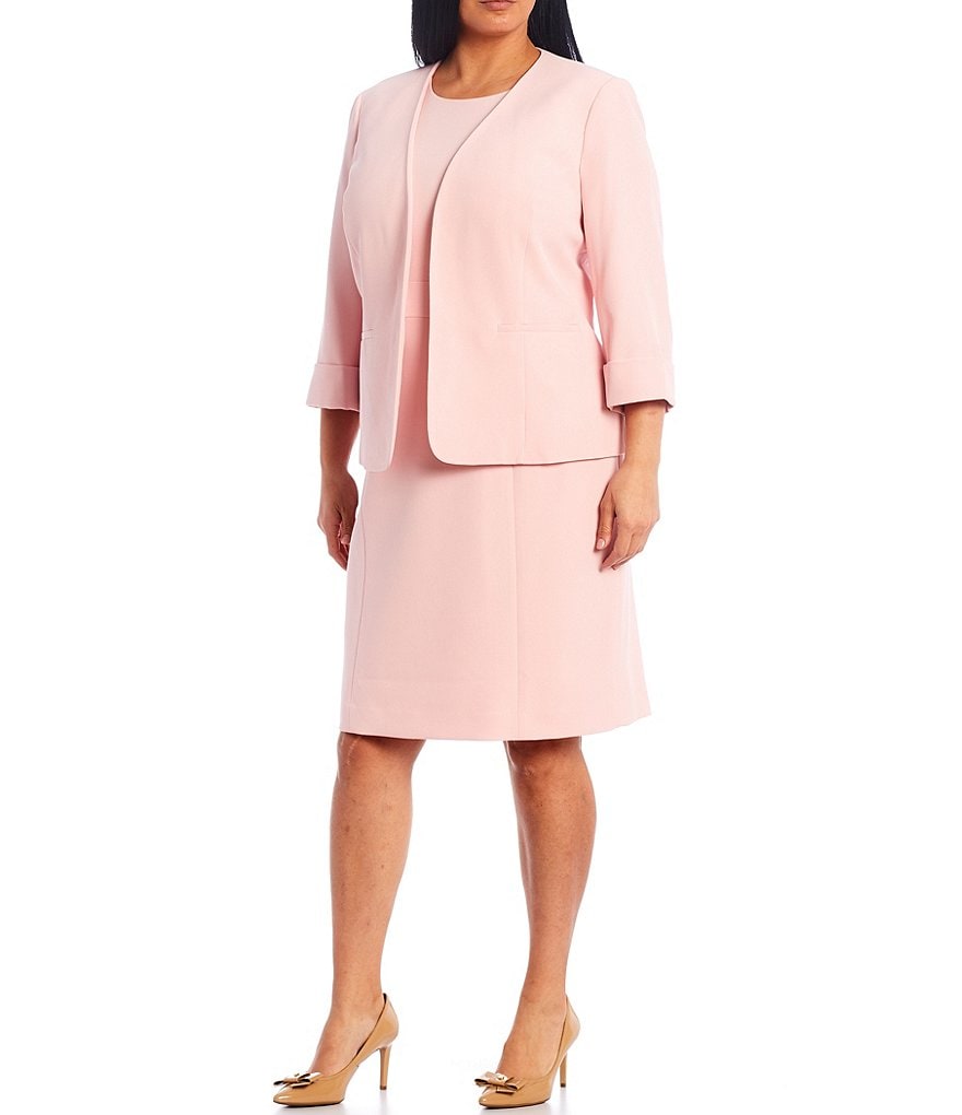 Kasper Plus Size Stretch Crepe Seamed Roll Cuffed Sleeve Open Front Jacket