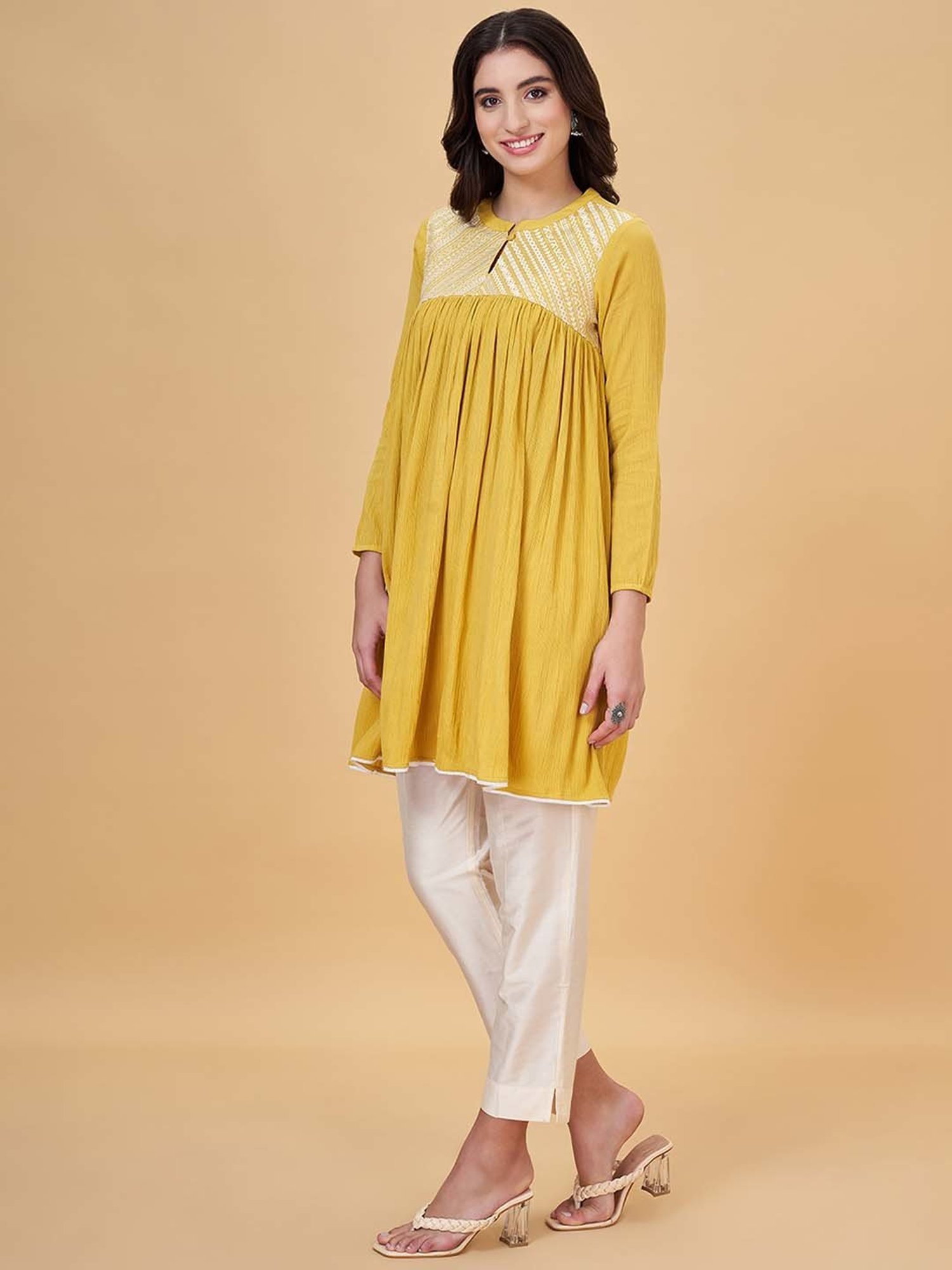 Rangmanch by Pantaloons Yellow & White Cotton Embroidered Kurti Pant Set