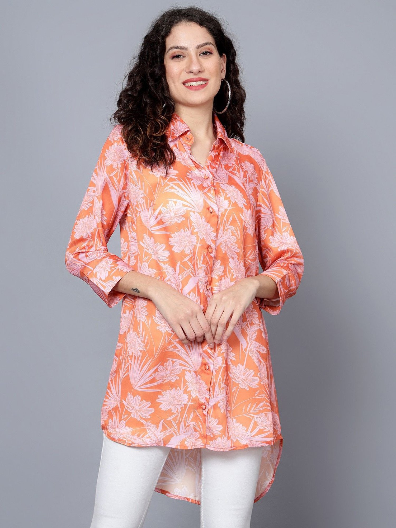 Anvi Be Yourself Orange & White Printed Long Shirt
