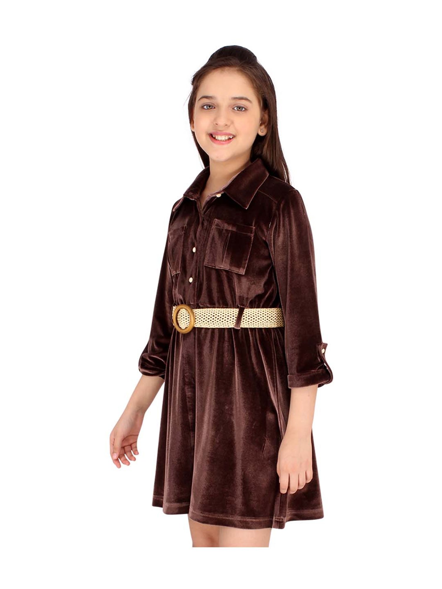 Cutecumber Kids Brown Dress With Belt & Sling Bag