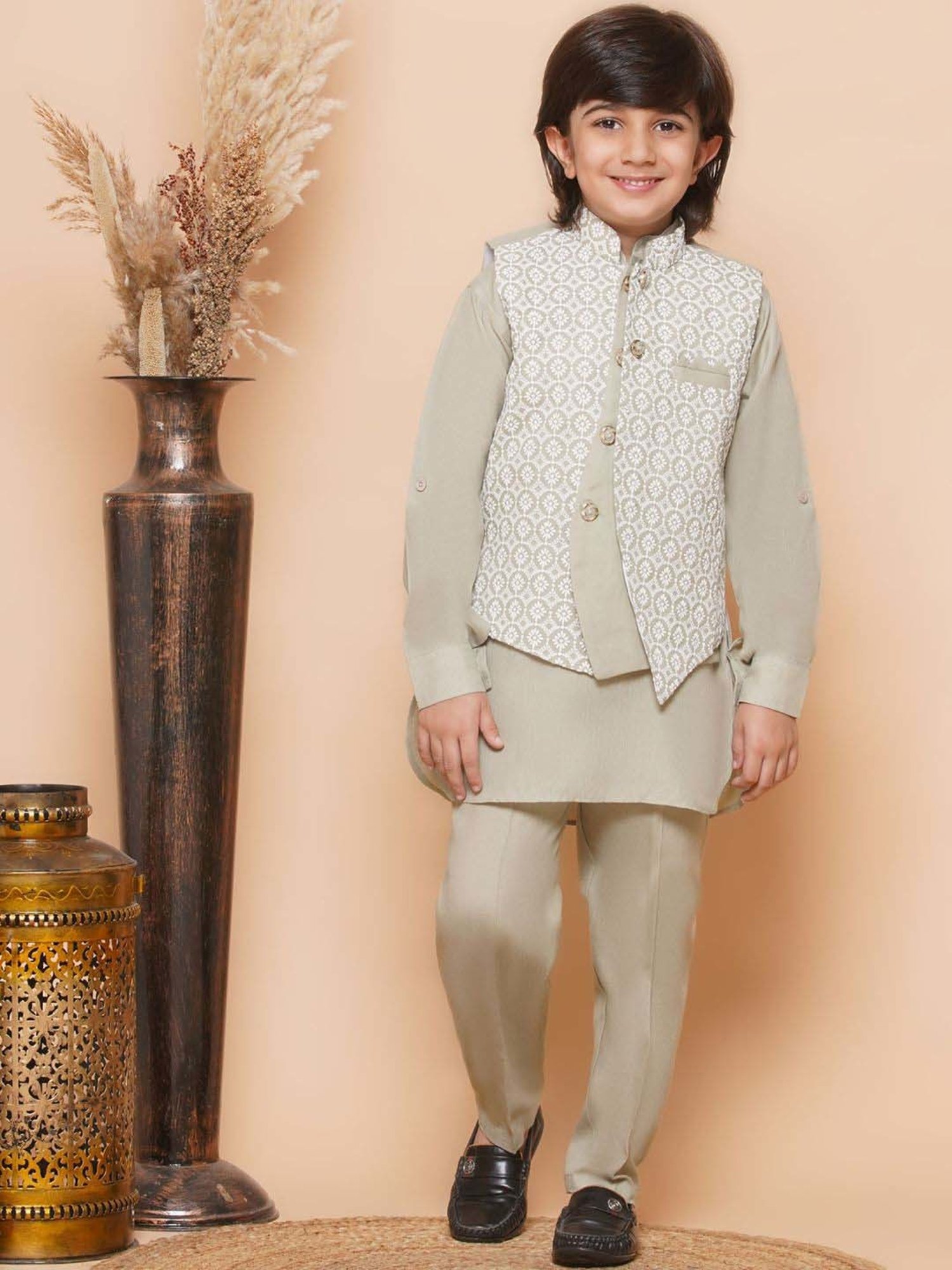 AJ Dezines Kids Pista Green Cotton Embroidered Full Sleeves Kurta Set