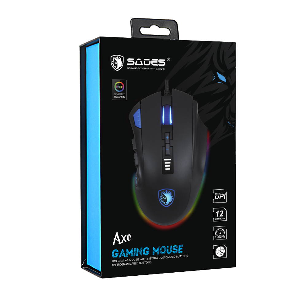 SADES Axe Gaming Mouse 10000 DPI Detachable Weight 12 Buttons Optical RGB Lighting  For FPS&MOBA Gamers