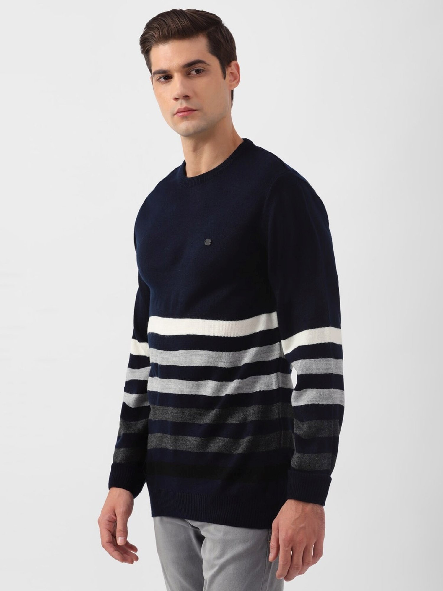 Peter England Navy Regular Fit Striped Sweater