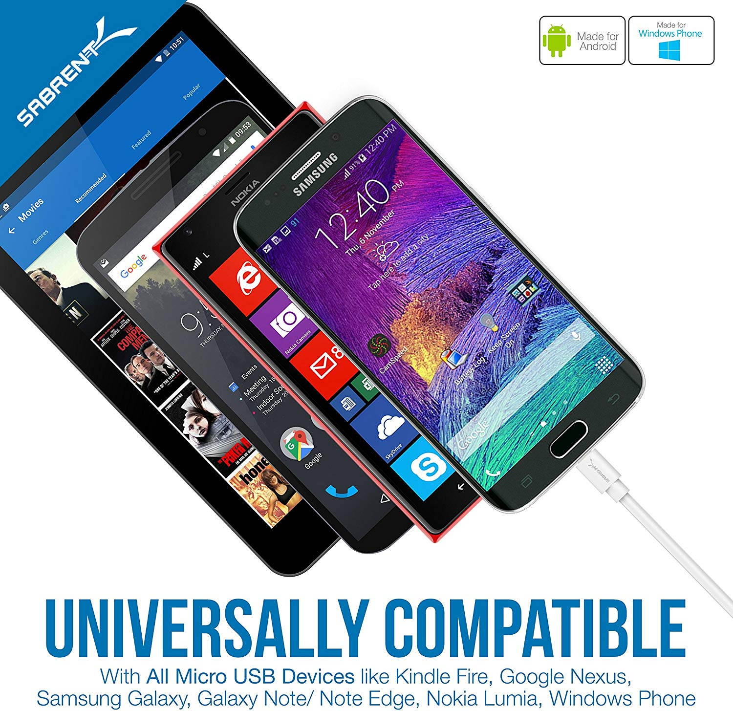 Sabrent 6-pack 22 AWG Premium 3ft Micro USB Cables High Speed USB 2.0 - White (CB-M63W)