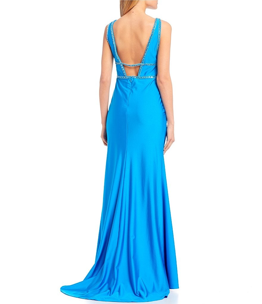 Coya Collection Sleeveless Plunging V-Neck Silky Beaded Trim Side Slit Shine Satin Dress