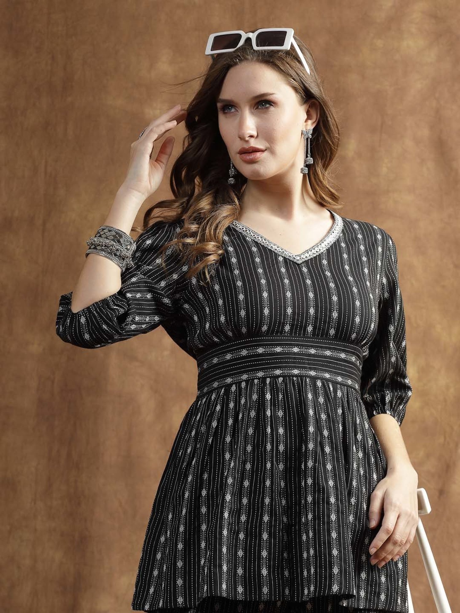 Stylum Black Cotton Embroidered Kurti Pant Set