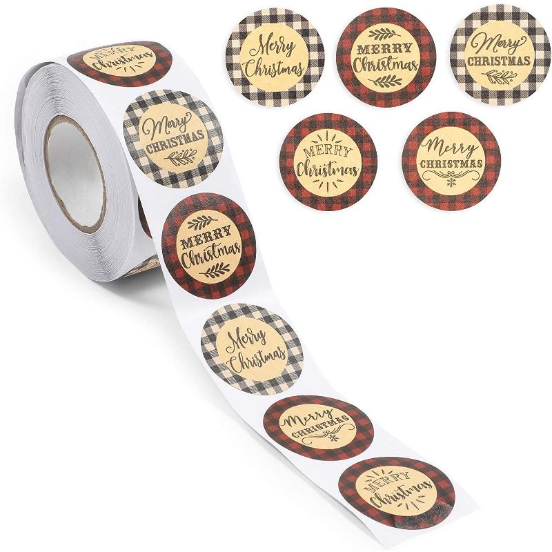 Pipilo Press 500-Pack Merry Christmas Stickers Roll with Buffalo Plaid, Assorted Designs (1.5 in)