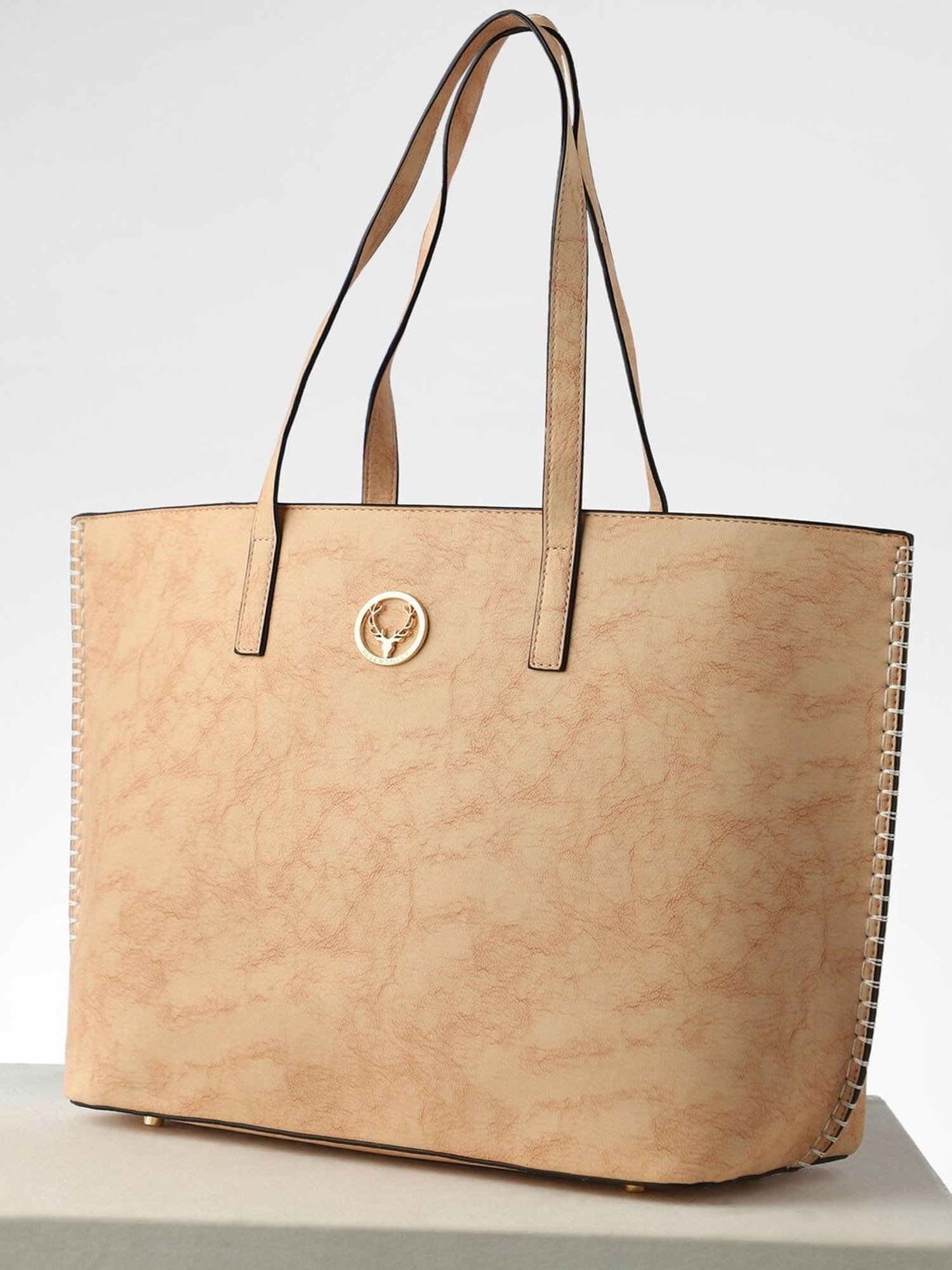Allen Solly Beige Textured Medium Tote Handbag
