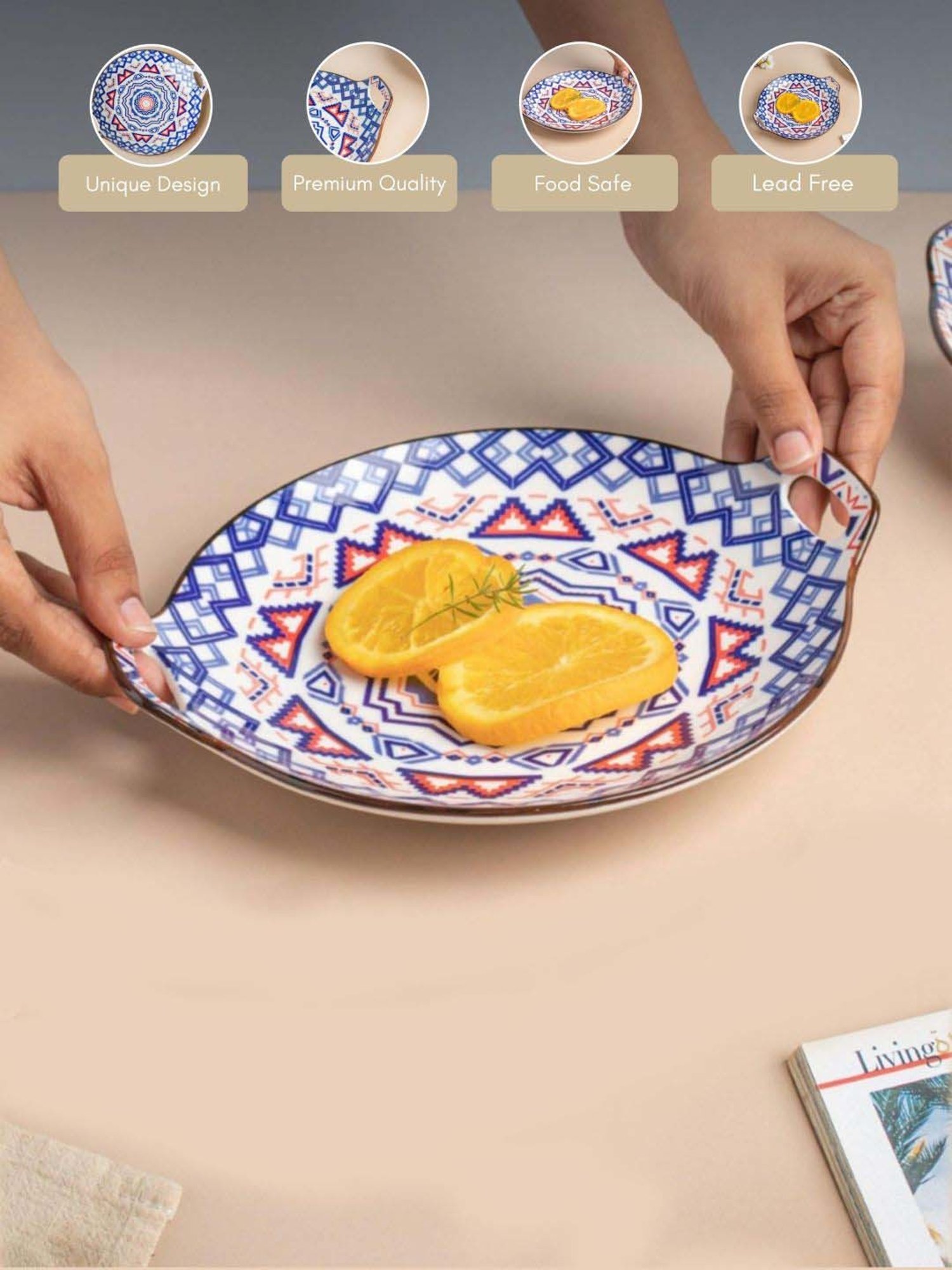 Nestasia Mandala Blue ceramic Round Platter With Handle for serving snacks (8.26 Inch)