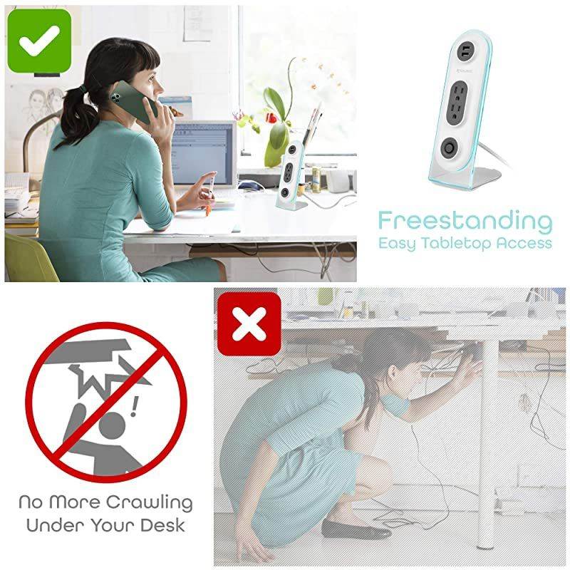 Dual USB 2 Outlet Power Strip Charging Desktop Stand Hub Extension for Phone, Laptop, with Surge Protection, Power Button, 4ft Cord - White/Black