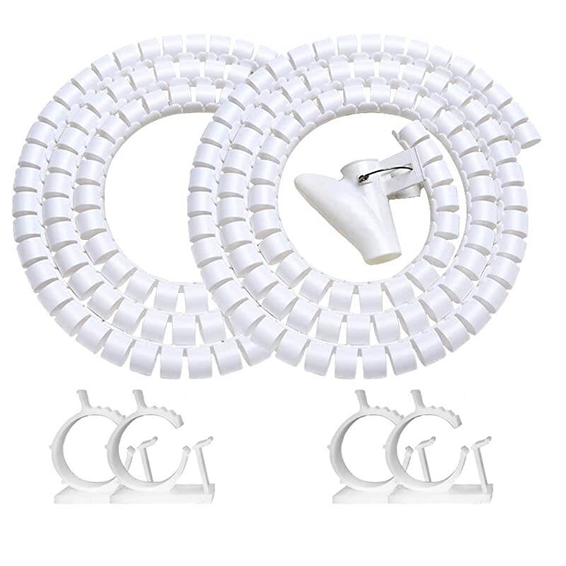 White Cable Organizer Cord Wire Cover Hider Sleeve Management 2 PCS  Clutter Free Coiled Tube Wire Concealer with FREE Cable Tie Clips System for TV PC Computer Home Entertainment Wall