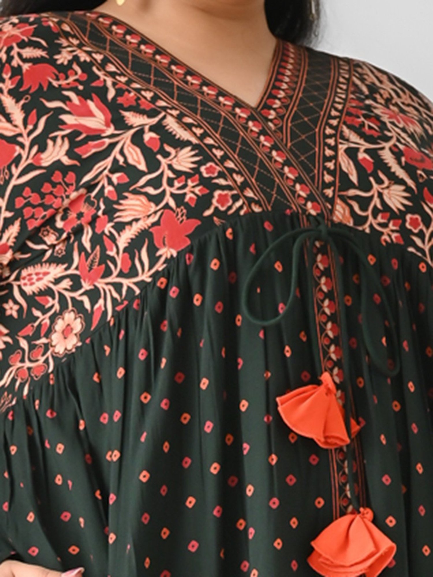 Rustorange Green Printed Ethnic Dress