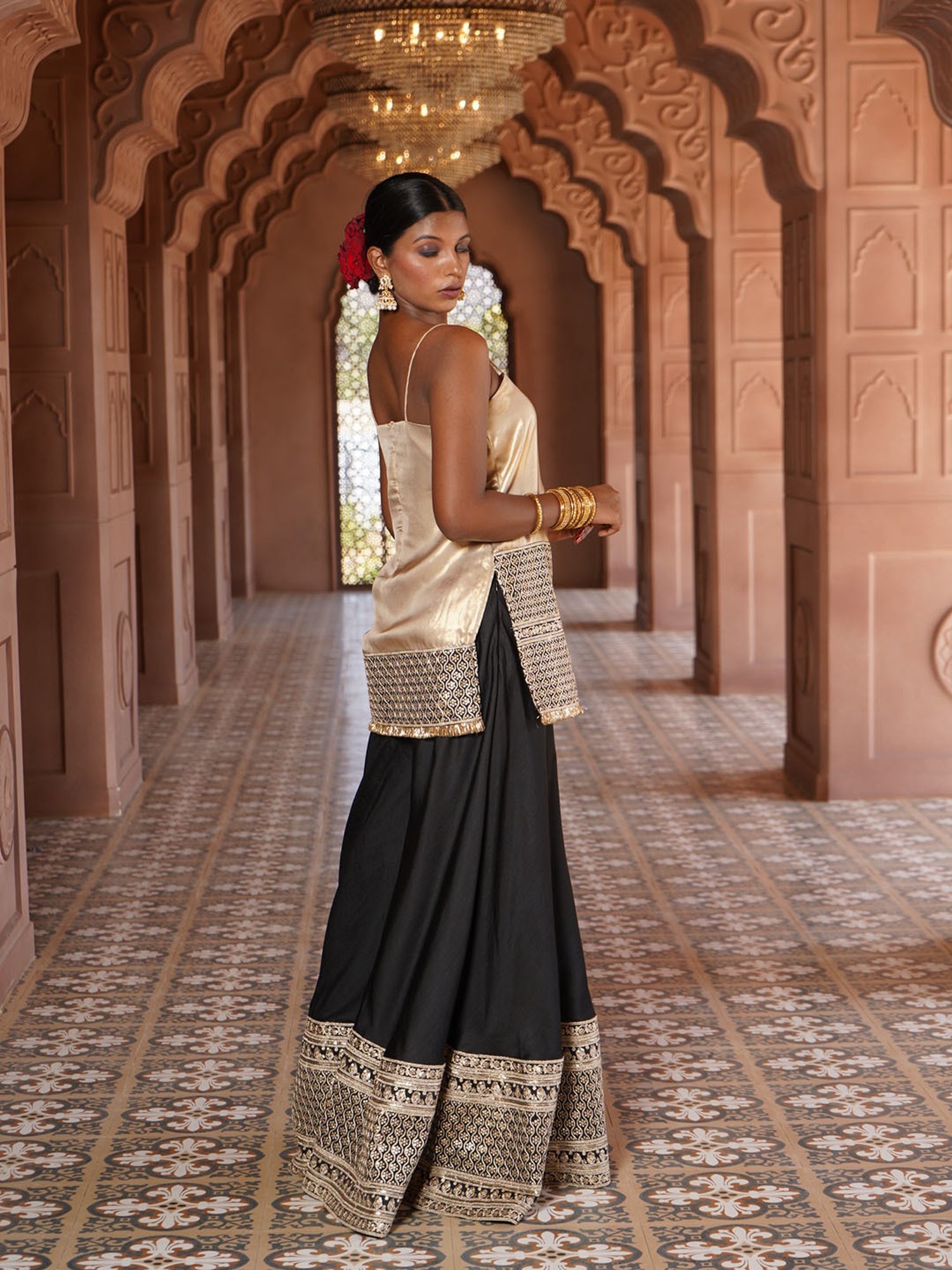 Monk and Mei Nargis Strap Kurta with Silk Sharara & Dupatta