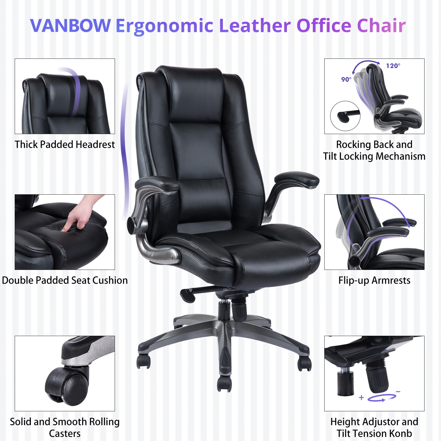 VANBOW High Back Executive Office Chair Comfortble- Ergonomic Bonded Leather Computer Work Desk Swivel Chair with Flip-up Arms, Adjustable Reclining Angle, Lumbar Support and Easy to Assemble,Black