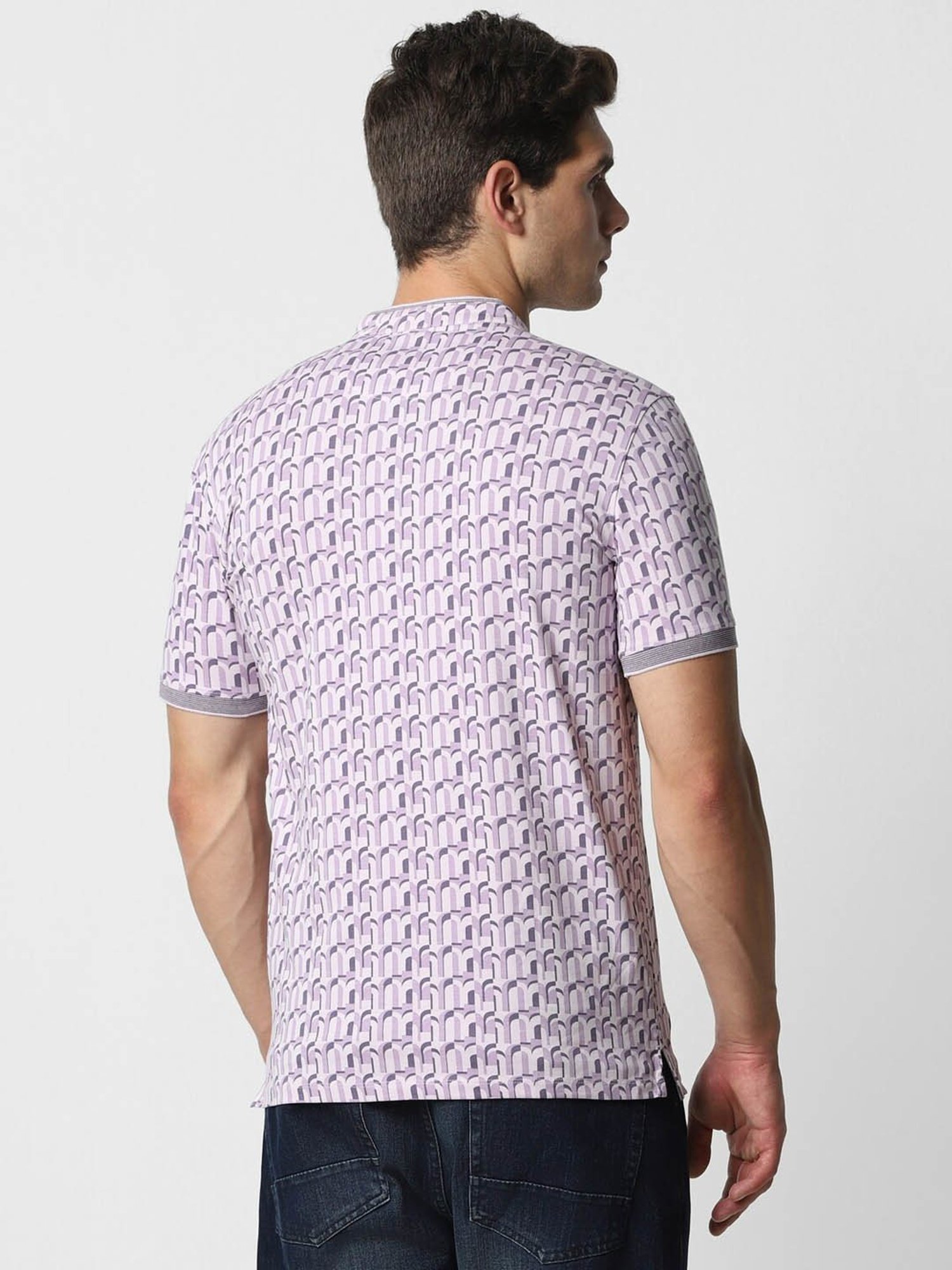 V Dot Lilac Cotton Slim Fit Printed Henley T-Shirt