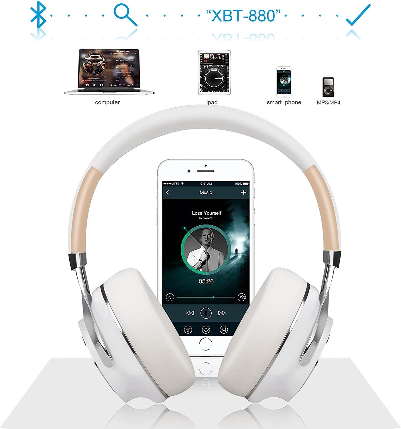 Bluetooth Headphones, Riwbox XBT-880 Wireless Bluetooth Headphones Over Ear with Microphone and Volume Control Wireless and Wired Foldable Headset for iPhone/iPad/PC/Cell Phones/TV (White&Gold)