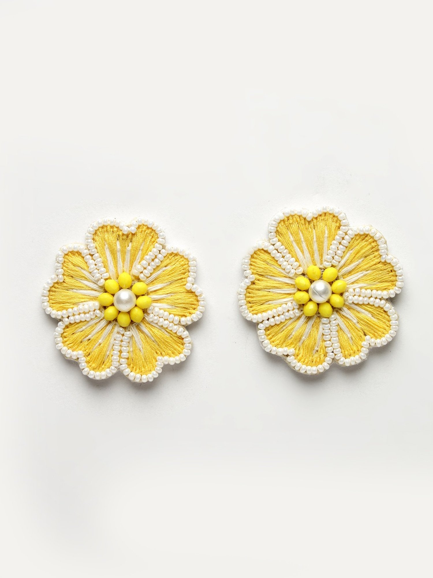 Moedbuille White Pearls Handcrafted Embroidered Yellow Floral Design Contemporary Necklace Set