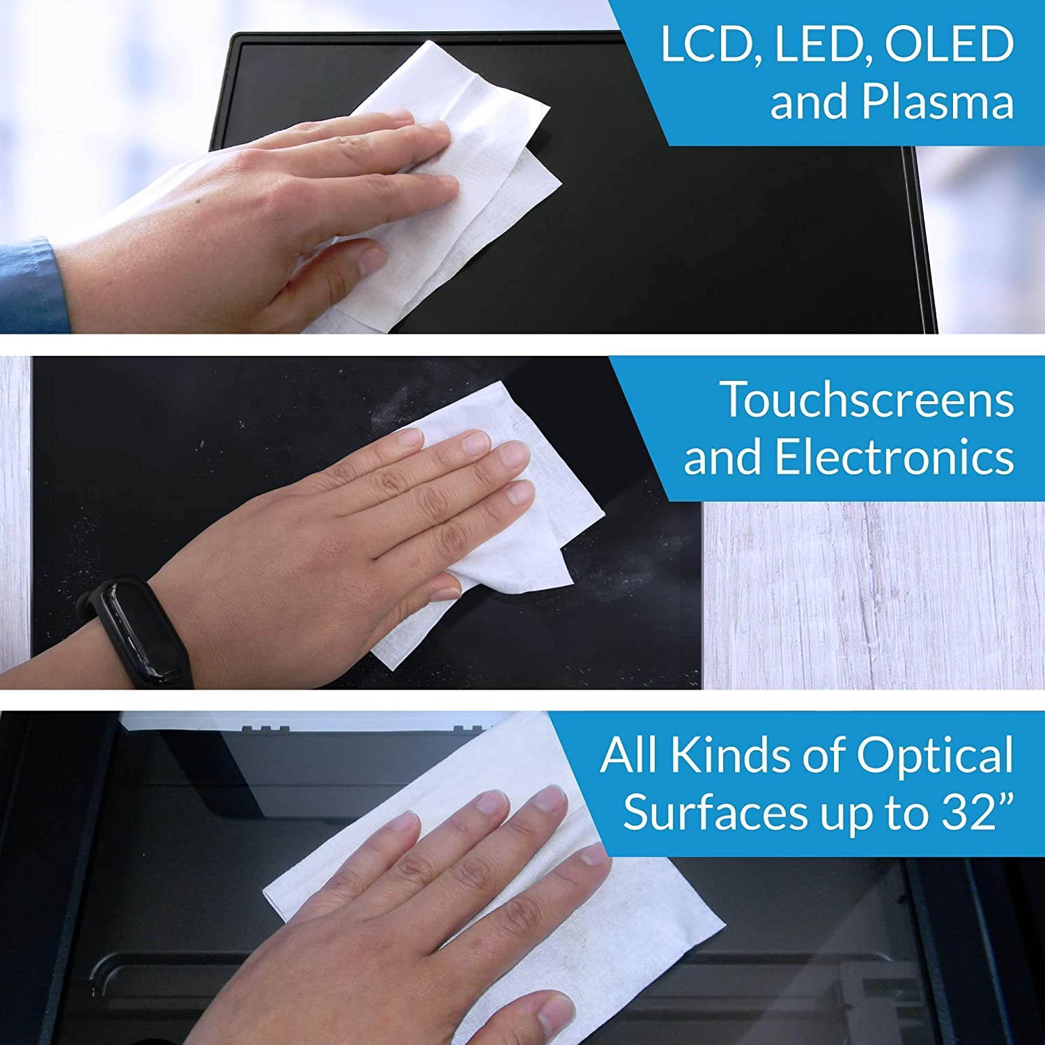 iCloth Monitor, Lens and Screen Cleaner Pro-Grade Individually Wrapped Wet Wipes, Wipes for Cleaning Several Small Electronic Device and Flat Screen TV's and Monitors, 64 Wipes