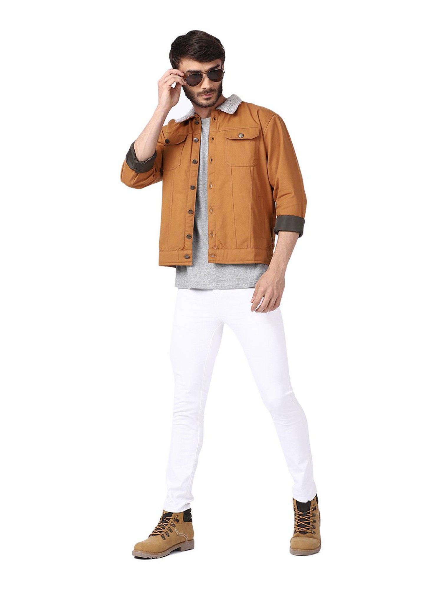 VOXATI Khaki Full Sleeves Shirt Collar Denim Jacket