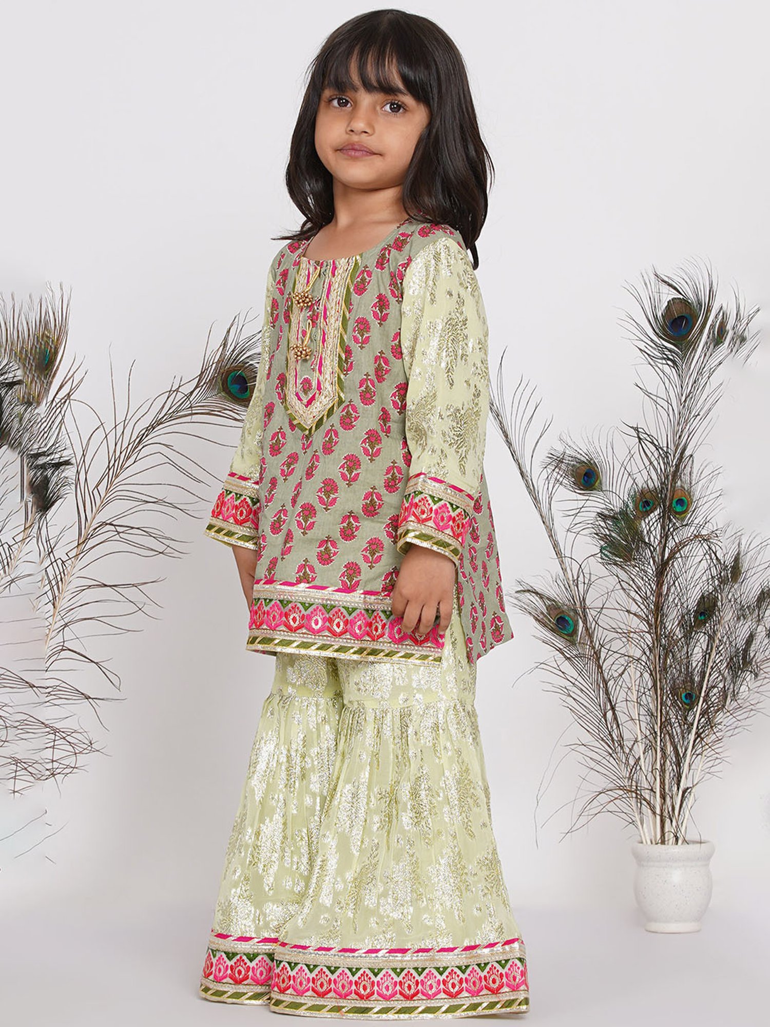 Little Bansi Green Embellished 1 Kurta, 1 Sharara & 1 Dupatta