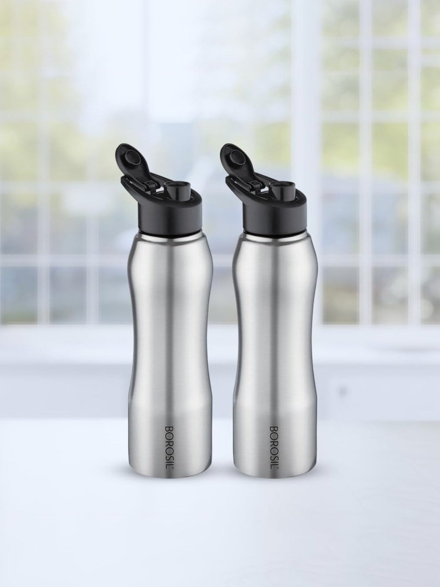 Borosil Water Bottle with Single Wall & Leakproof Set of 2 (Silver, 750 ml)
