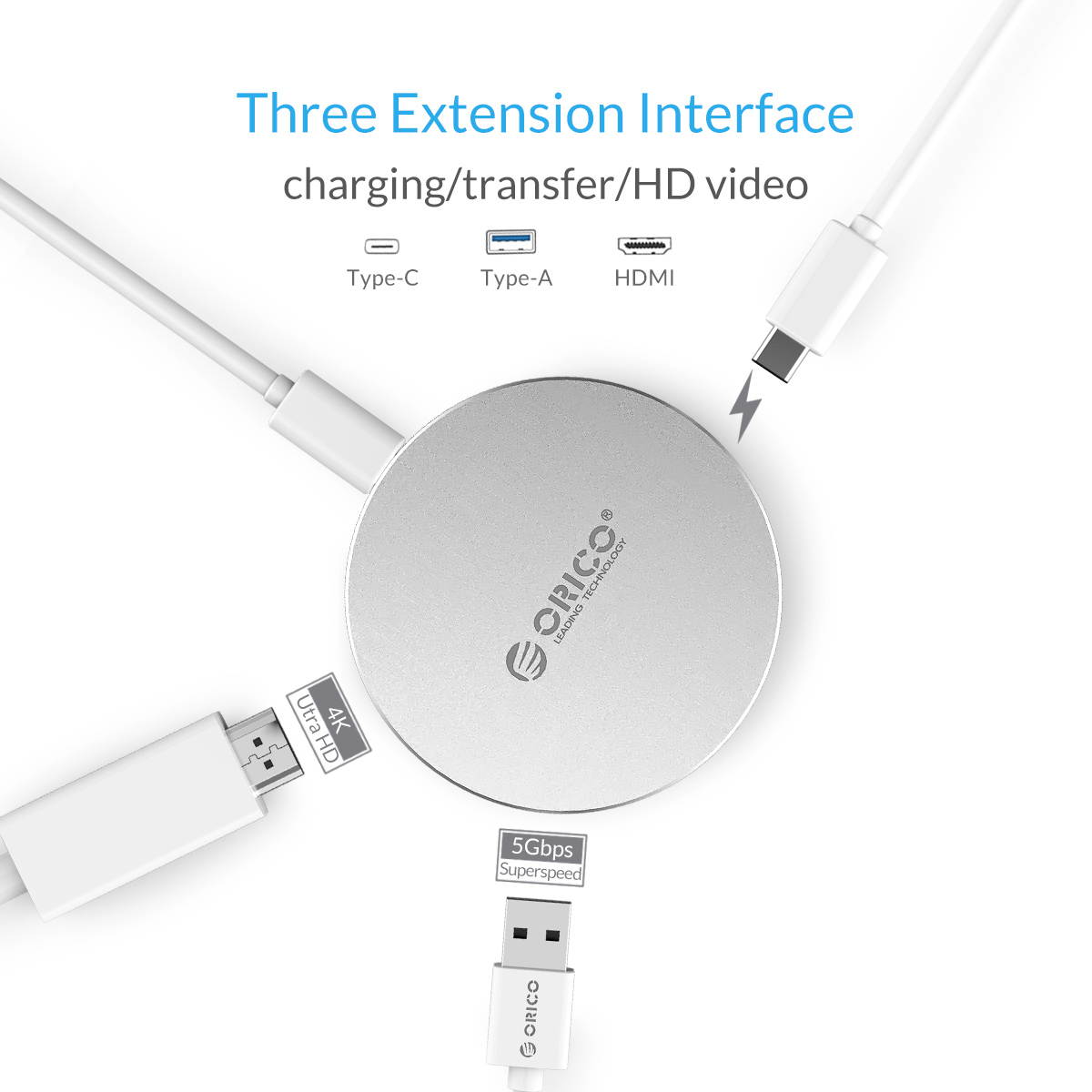 ORICO Portable USB-C Type-C 3 USB Ports Laptop Docking Stations USB3.0-C x 1,USB3.0-A Port, 4K HDMI Type-A, USB HUB Charge Transfer Extend for MAC, PC, Laptop, Windows XP and Linux