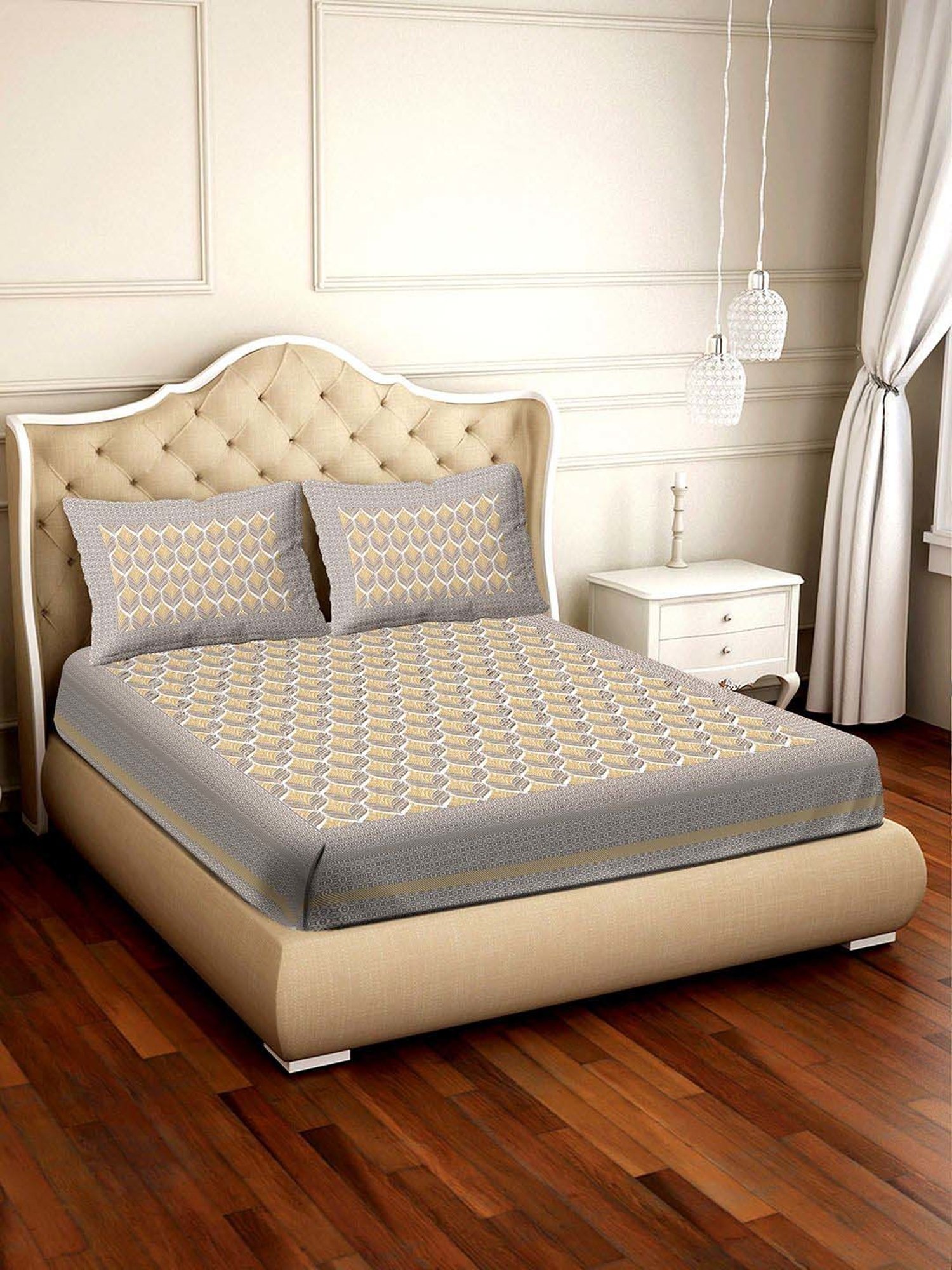 BELLA CASA Amer Printed Brown & Yellow 350 TC Plain King Bedsheet with 2 Pillow Covers