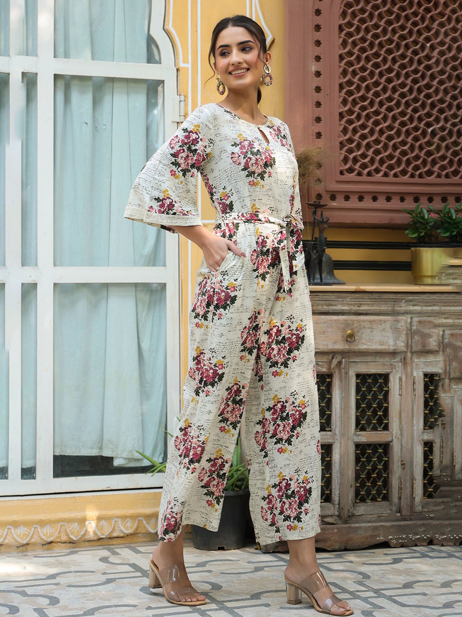 Juniper Off-White Floral Printed Rayon Slub Jumpsuit With Zip Closure