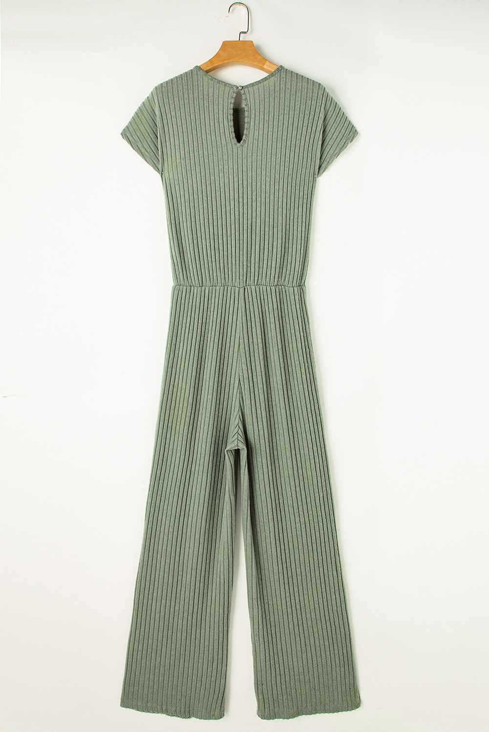 Grass Green Solid Color Ribbed Short Sleeve Wide Leg Jumpsuit