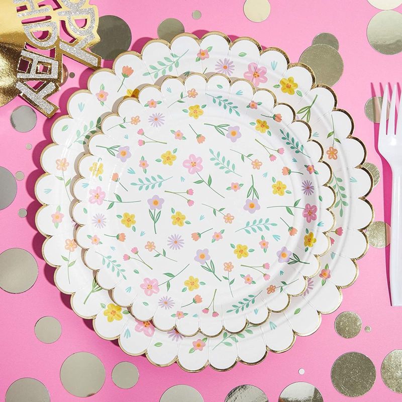 Blue Panda 48 Count Floral Disposable Party Paper Plates with Scalloped Gold Foil for Birthday Party 7 In
