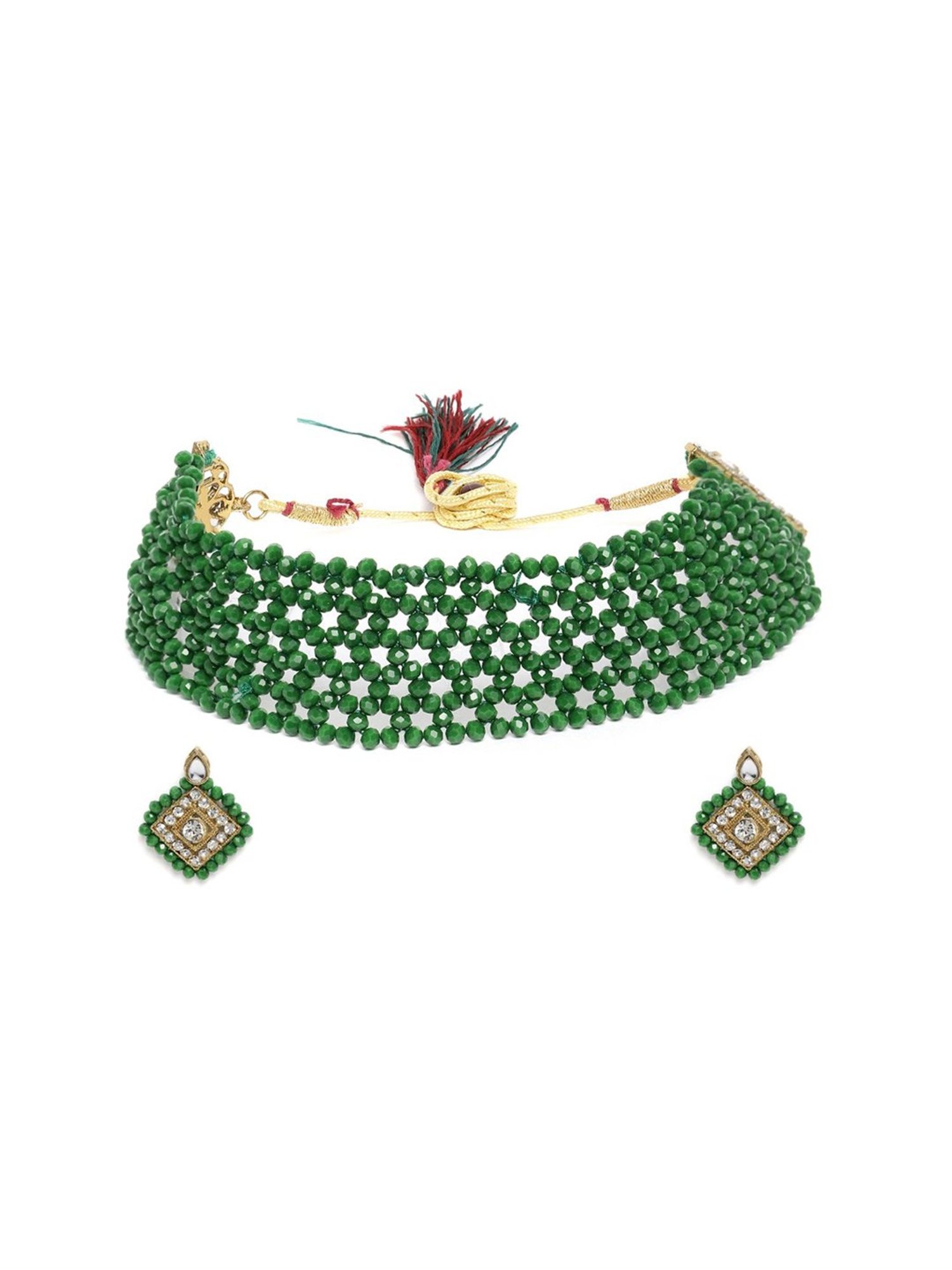 Zaveri Pearls Green Crystal Shine Beaded Ethnic Necklace & Earring Set-ZPFK9954