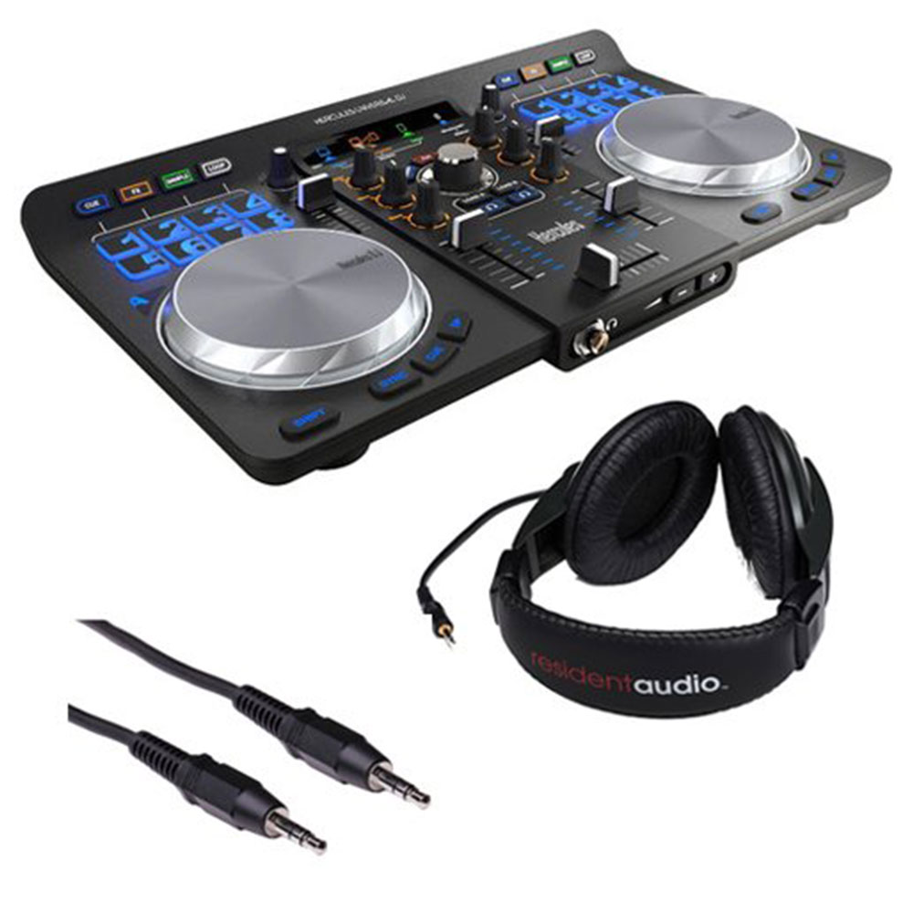 Hercules Universal DJ Bluetooth DJ Software Controller with R100 Stereo Headphones & Mini Male to Stereo Mini Male Cable (Black) 3'