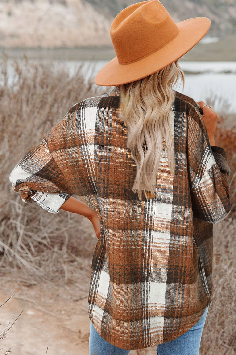 Brown Plaid Button Up Long Sleeve Flannel Shacket