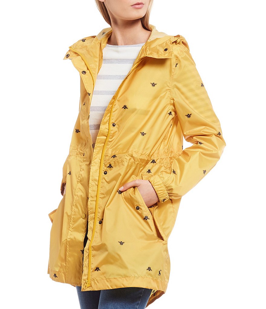 Joules Golightly Gold Bee Print Waterproof Packaway Hooded Rain Jacket