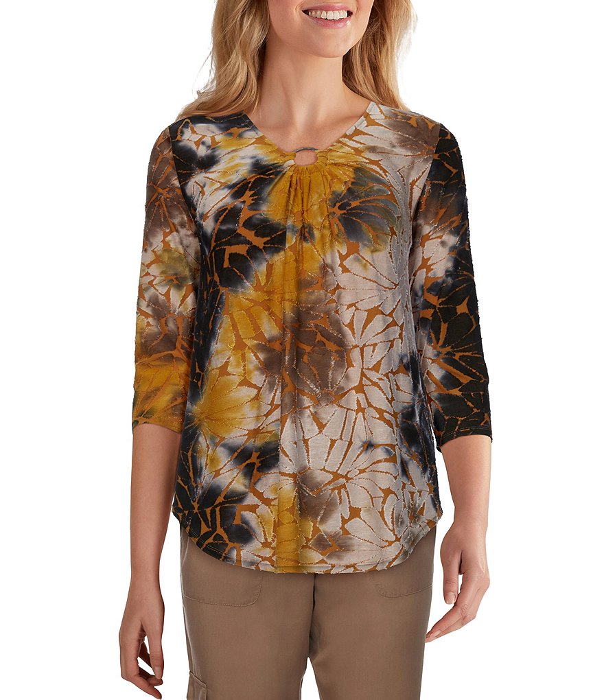 Ruby Rd. Tie Dye Palm Burnout Knit Ring V-Neck Detail 3/4 Sleeve Top
