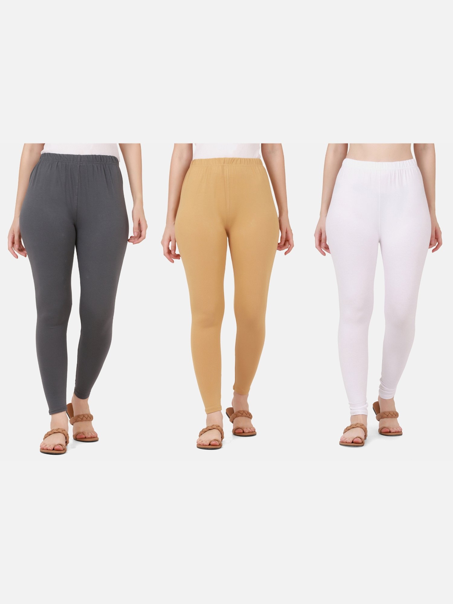 BUYNEWTREND Grey & Beige Cotton Leggings - Pack Of 3