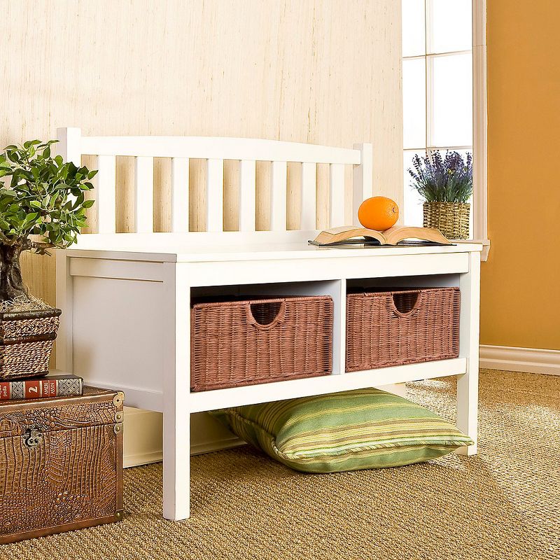 White Bench with Brown Rattan Baskets - Aiden Lane