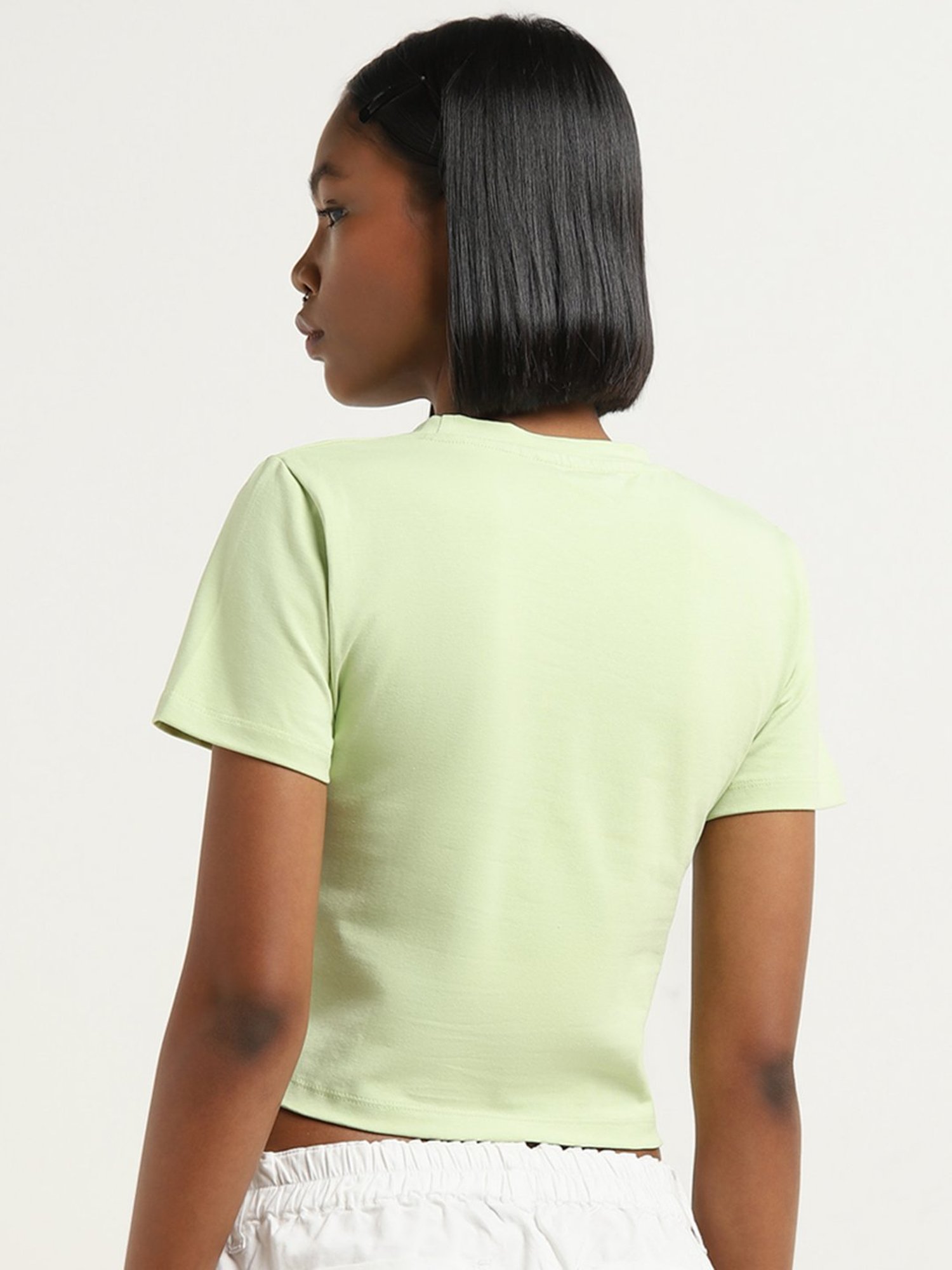 Nuon by Westside Lime Solid Cropped Cotton Blend T-Shirt