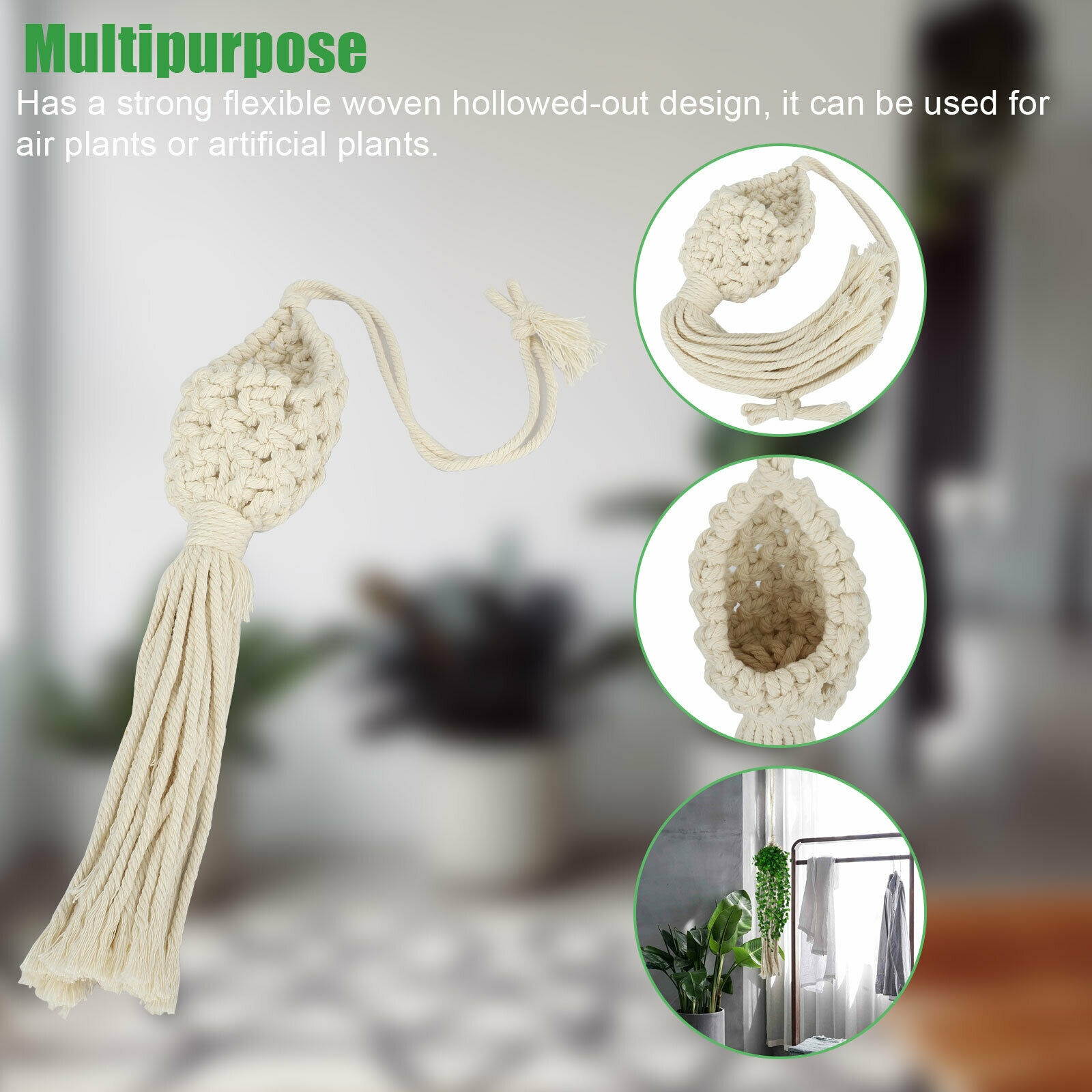 3PCS Air Plant Hang Macrame Planter Hanging Holder Flower Basket Rope Home Decor